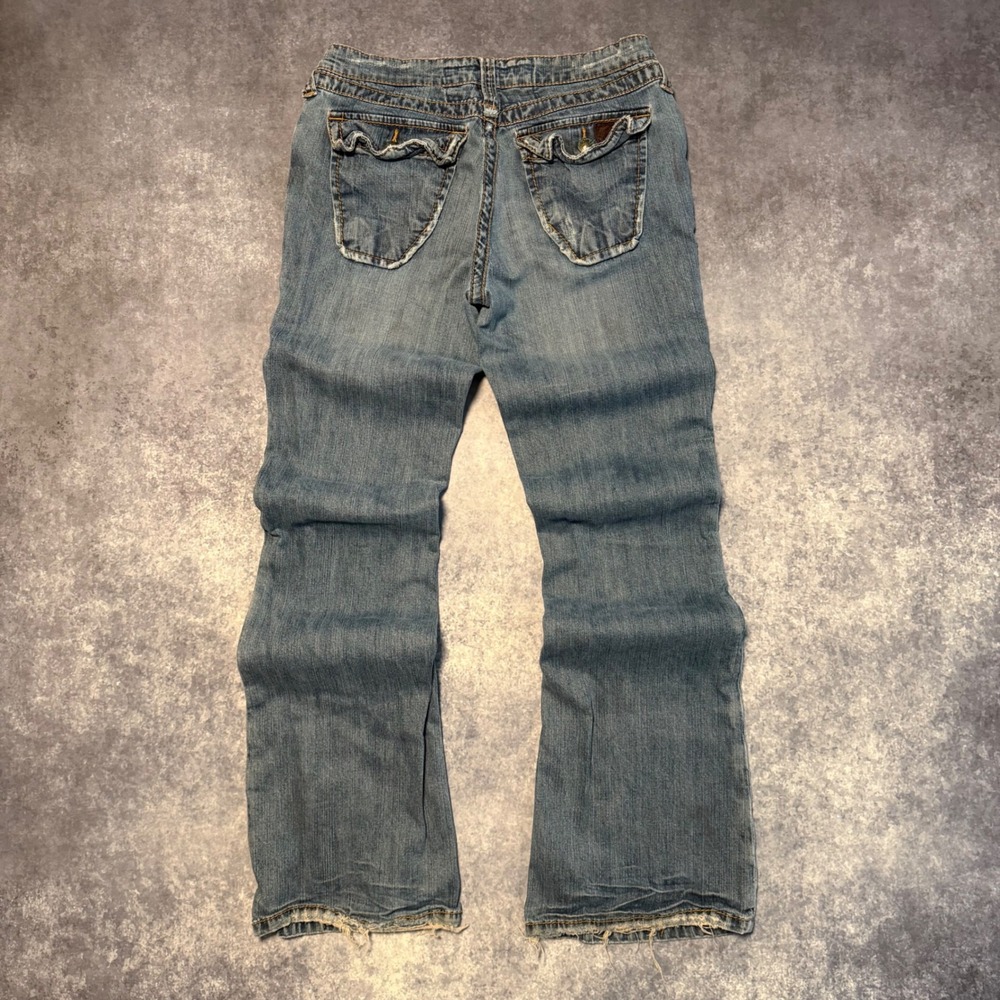 Y2K Stitch's Women Blue Distressed Bootcut Jeans Size 28 Low Rise Flap Pocket - Picture 2 of 8